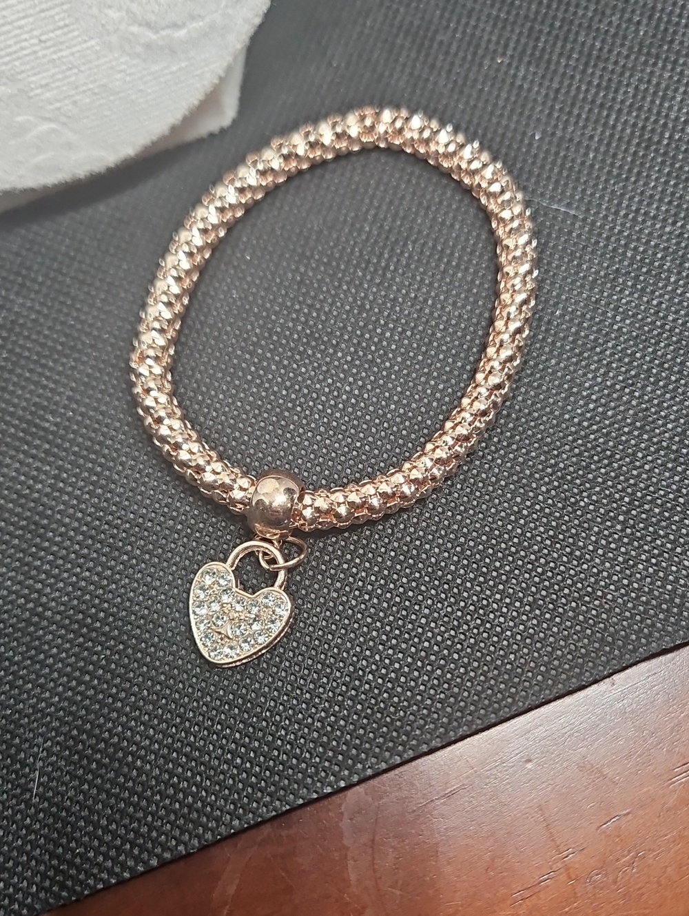 Rose Gold Heart Charm Beaded Stretch Bracelet
